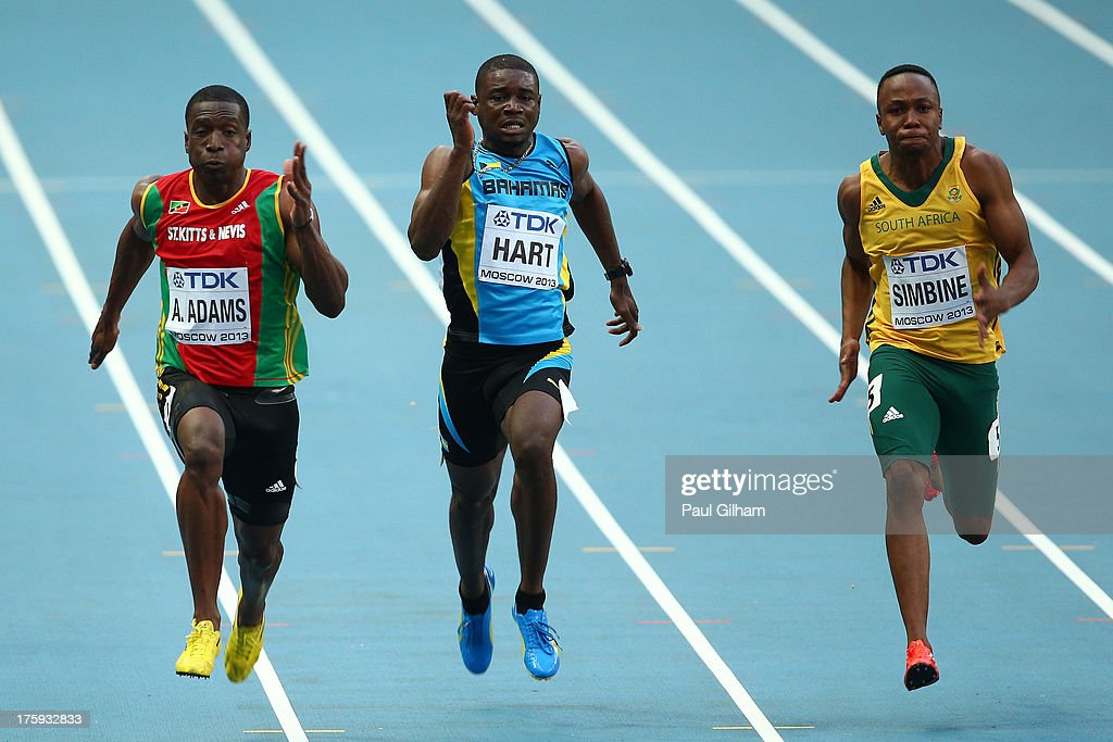 Svetsko prvenstvo 2013., Moskva - 10. avgust - 100m kvalifikacje, Antonio Adams (Sent Kits i Nevis), Šavez Hart (Bahami) i Akani Simbine (Južna Afrika);   Foto: Getty Images